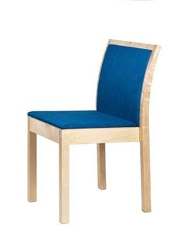 Finera stol i hvitt tre med hel rygg og blått stoff på rygg og sete